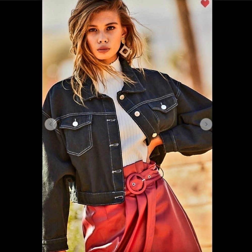 Black button down back lace up back denim jacket